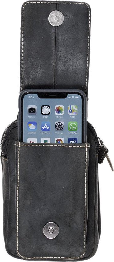 Riemtasje zwart buffelleer leren heuptas leren fanny pack festivaltasje zwart - Arrigo.nl