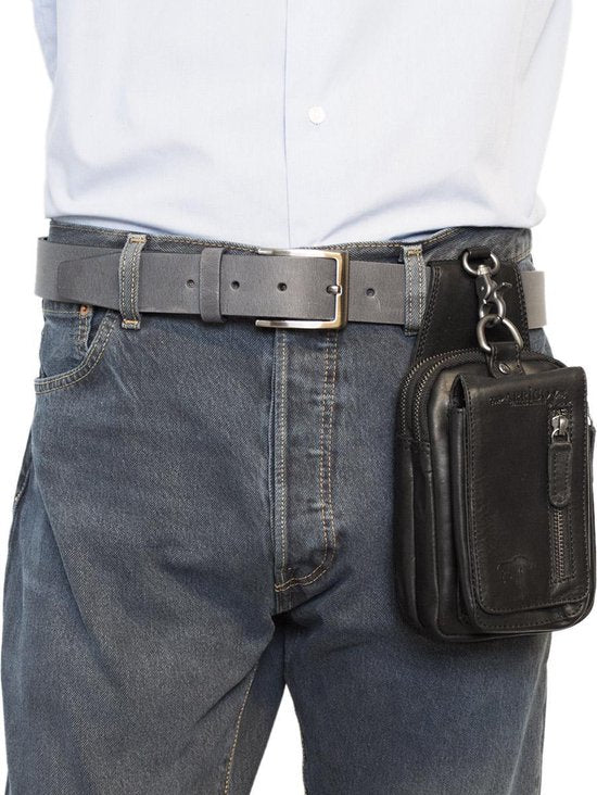 Riemtasje zwart leer leren heuptas lederen fanny pack festivaltasje zwart - Arrigo.nl