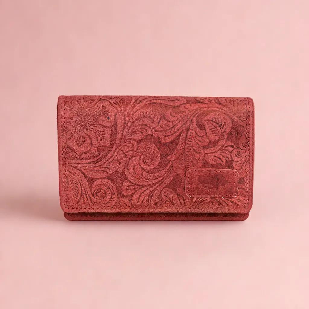 Rode rfid dames portemonnee leer met bloemenprint - Arrigo.nl