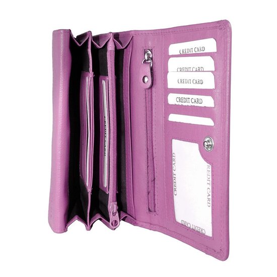 Roze leren damesportemonnee met RFID-bescherming in harmonica-model - Arrigo.nl