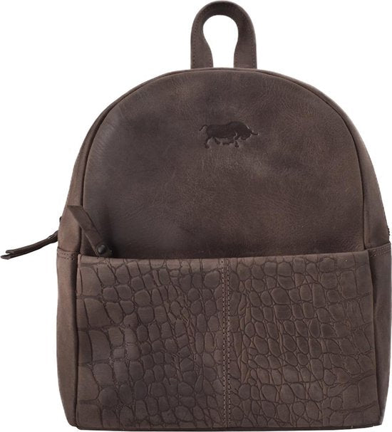 Rugtas dames met kroko print donkerbruin leer backpack leer rugzak - Arrigo Leather Goods