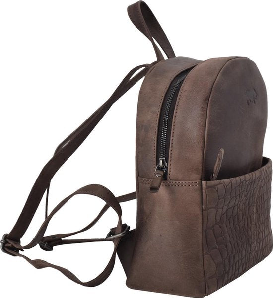 Rugtas dames met kroko print donkerbruin leer backpack leer rugzak - Arrigo Leather Goods