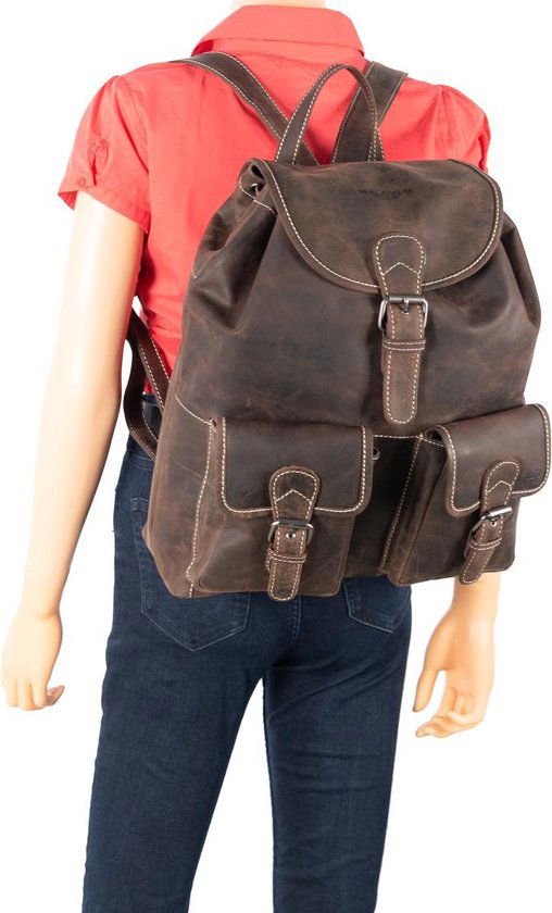 Rugzak van donkerbruin buffelleer deze ruime rugtas heeft genoeg ruimte - Arrigo Leather Goods