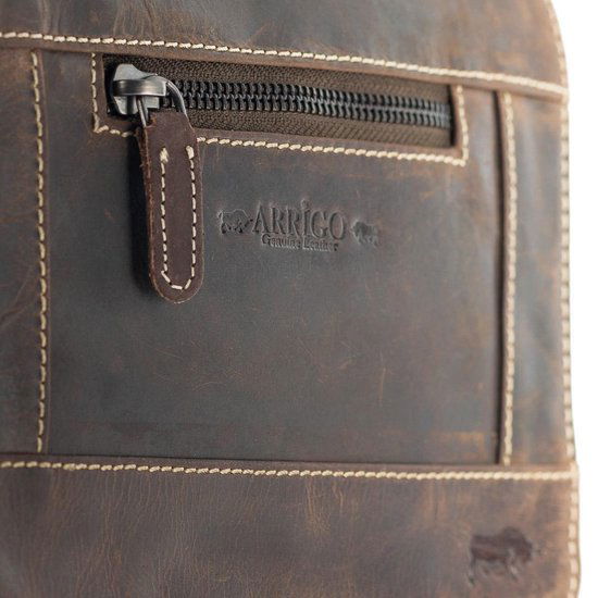 Schoudertas dames donkerbruin buffelleer met veel ritsvakken dames tas leer - Arrigo Leather Goods