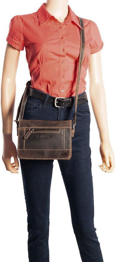 Schoudertas dames donkerbruin buffelleer met veel ritsvakken dames tas leer - Arrigo Leather Goods