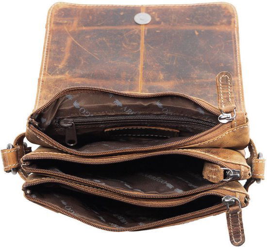 Schoudertas dames lichtbruin buffelleer met veel ritsvakken dames tas leer - Arrigo Leather Goods