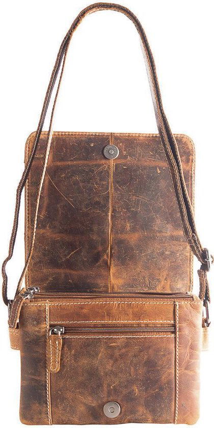 Schoudertas dames lichtbruin buffelleer met veel ritsvakken dames tas leer - Arrigo Leather Goods