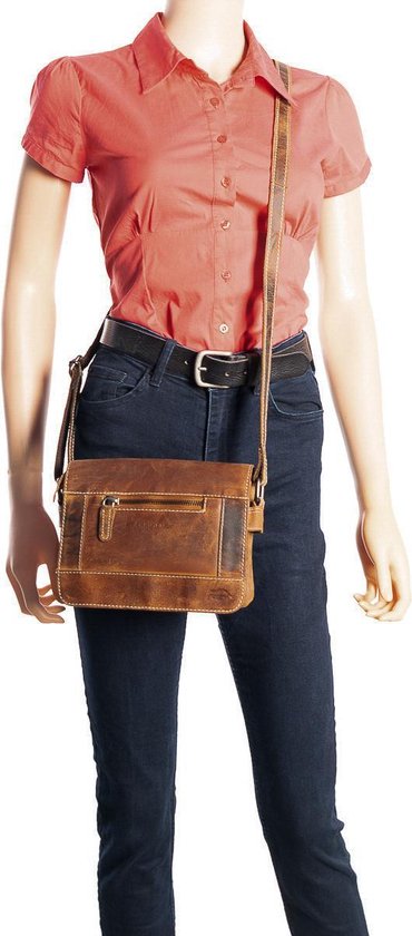 Schoudertas dames lichtbruin buffelleer met veel ritsvakken dames tas leer - Arrigo Leather Goods