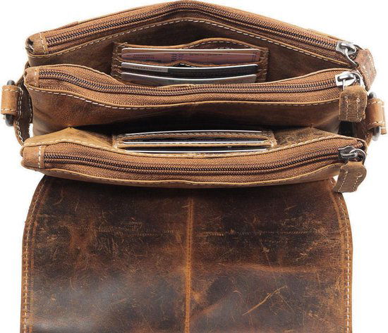 Schoudertas dames lichtbruin buffelleer met veel ritsvakken dames tas leer - Arrigo Leather Goods