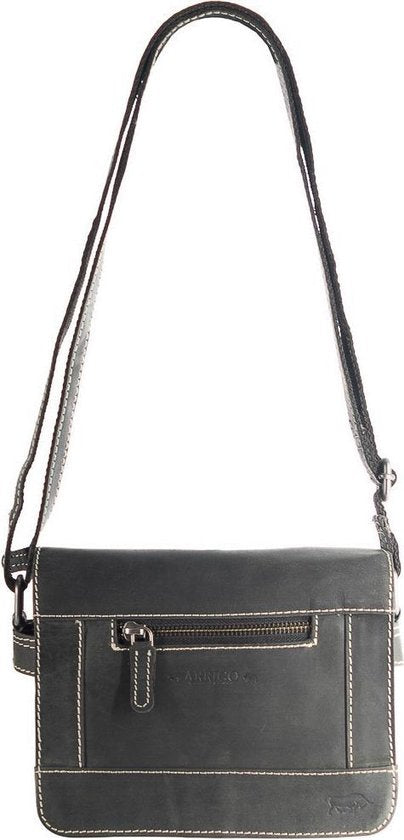 Schoudertas dames matzwart buffelleer met veel ritsvakken dames tas leer - Arrigo Leather Goods