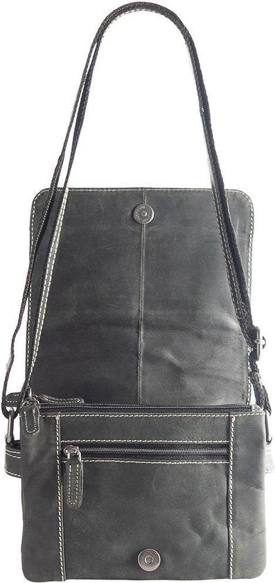 Schoudertas dames matzwart buffelleer met veel ritsvakken dames tas leer - Arrigo Leather Goods