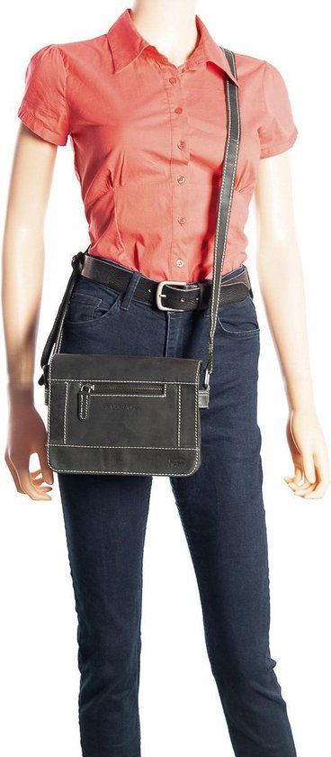 Schoudertas dames matzwart buffelleer met veel ritsvakken dames tas leer - Arrigo Leather Goods