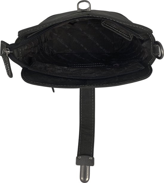 Schoudertasje dames klein - Zwart buffelleer crossbody tas met boekentas sluiting - Arrigo.nl