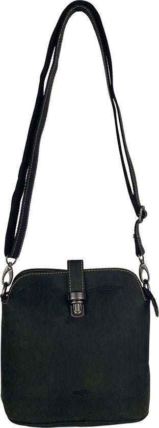 Schoudertasje dames klein - Zwart buffelleer crossbody tas met boekentas sluiting - Arrigo.nl