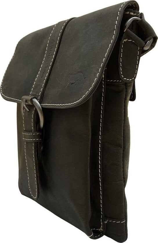 Schoudertasje zwart leer crossbodytas cognac zwart leer compact tas echt - Arrigo Leather Goods