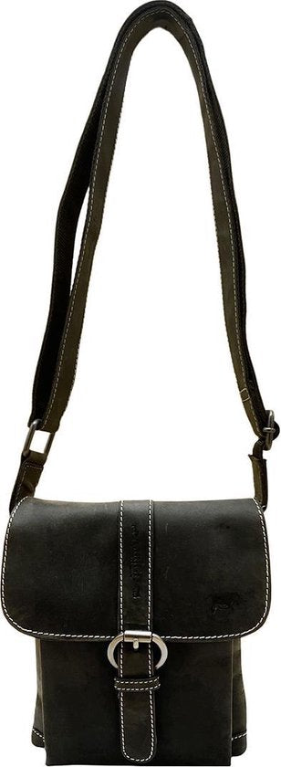 Schoudertasje zwart leer crossbodytas cognac zwart leer compact tas echt - Arrigo Leather Goods