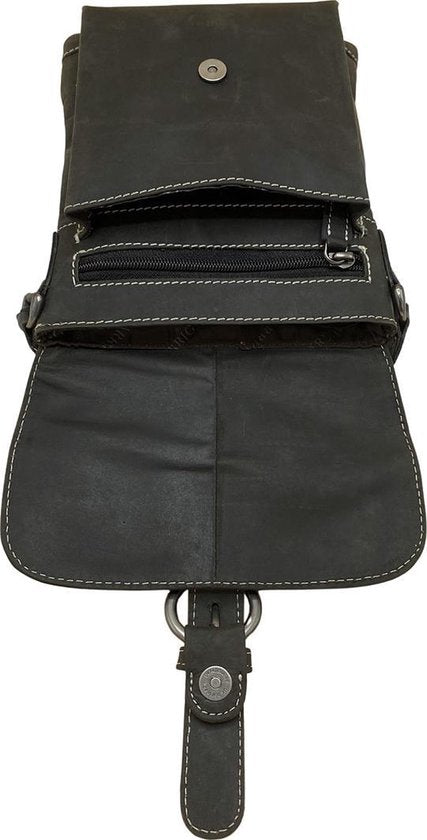 Schoudertasje zwart leer crossbodytas cognac zwart leer compact tas echt - Arrigo Leather Goods