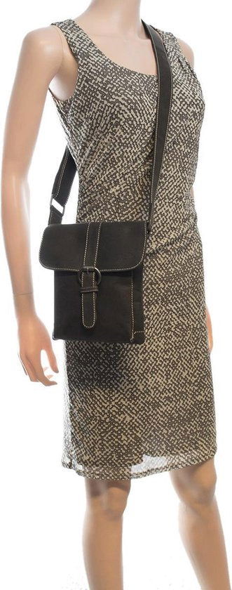 Schoudertasje zwart leer crossbodytas cognac zwart leer compact tas echt - Arrigo Leather Goods