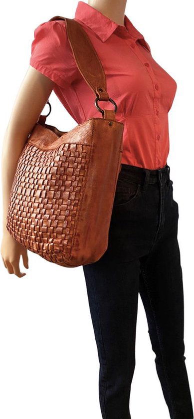 Schoudertassen vrouw cognac gevlochten leer kort en lang hengsel - Arrigo Leather Goods