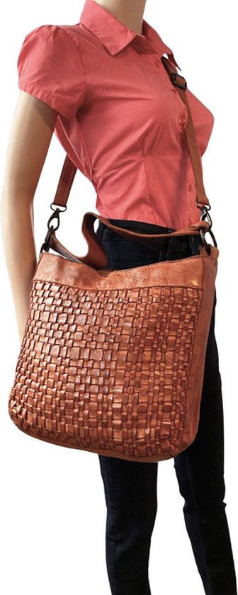 Schoudertassen vrouw cognac gevlochten leer kort en lang hengsel - Arrigo Leather Goods