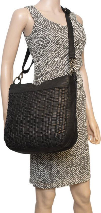 Schoudertassen vrouw zwart gevlochten leer kort en lang hengsel - Arrigo Leather Goods