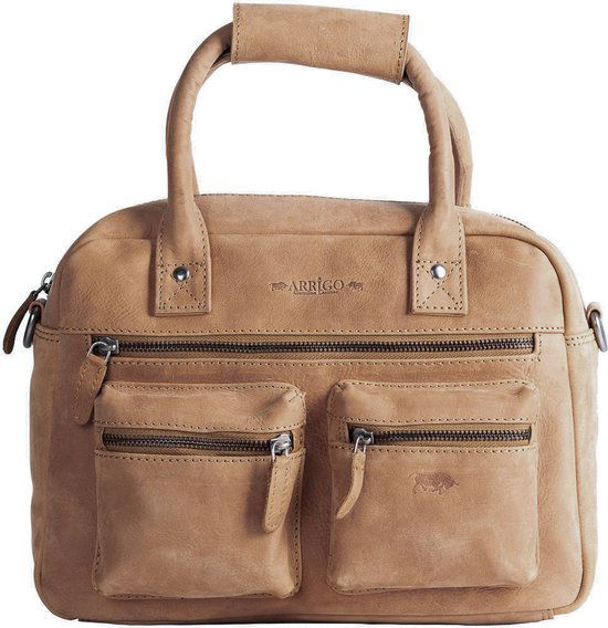 Tas dames taupe kleurig leer lederen schoudertas handtas echt leer - Arrigo.nl