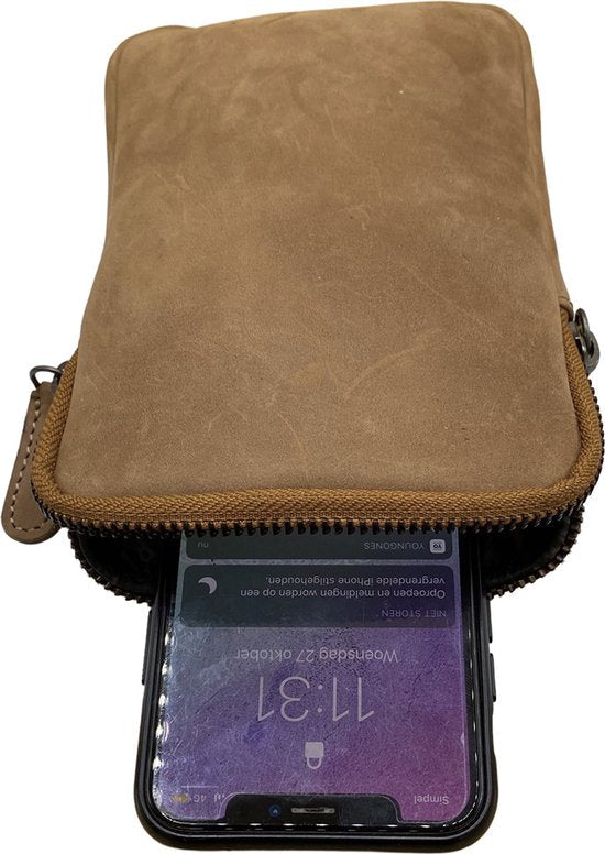 Telefoontasje dames crossbody telefoontasje met portemonnee taupe leer - Arrigo Leather Goods