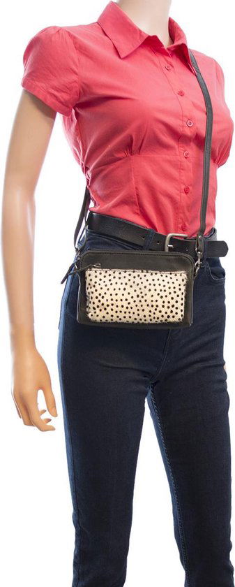 Telefoontasje zwart leer met dierenprint zwarte dames tas klein crossbody - Arrigo Leather Goods