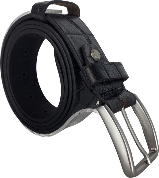 Zwarte Leren Riem met Kroko Print - 3.5 cm Breed - Arrigo.nl