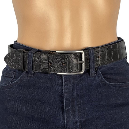 Zwarte Leren Riem met Kroko Print - 3.5 cm Breed - Arrigo.nl
