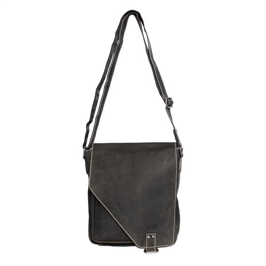 Zwarte Leren Schoudertas met Overslagklep en Twee Magneetsluitingen - Arrigo.nl