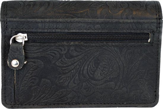 Zwarte dames portemonnee leer met bloemenprint - RFID - Arrigo.nl