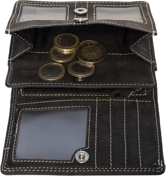 Zwarte dames portemonnee leer met ruime vakje voor kleingeld portemonnee - Arrigo Leather Goods