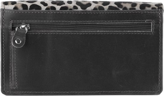 Zwarte leren damesportemonnee met RFID-bescherming en panterprint - Arrigo.nl