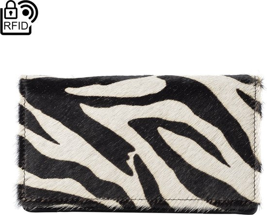 Zwarte leren damesportemonnee met anti-skim bescherming en zebra-dierenprint - Arrigo.nl