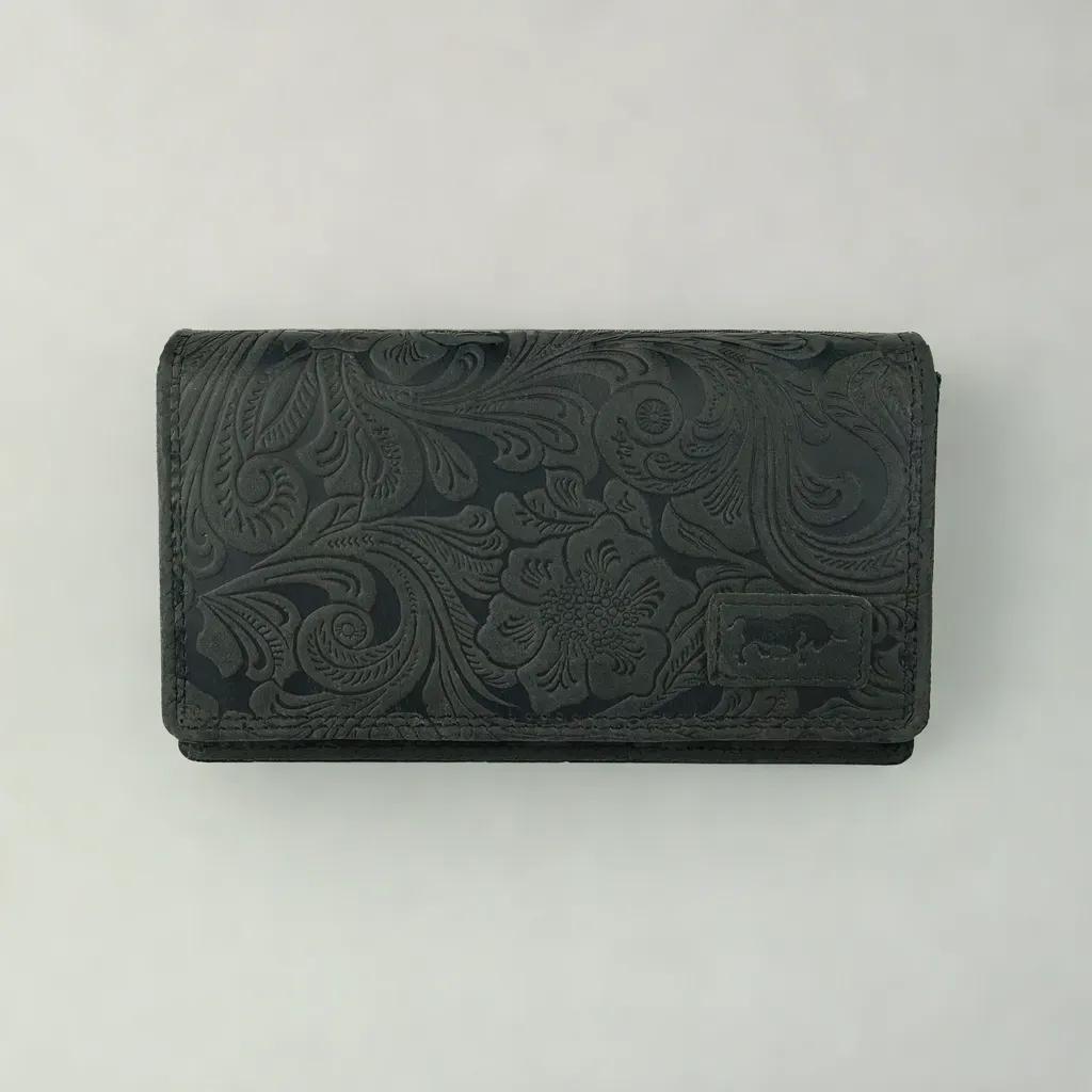 Zwarte leren damesportemonnee met bloemenprint en RFID-bescherming - Arrigo.nl