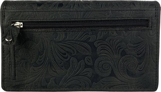 Zwarte leren damesportemonnee met bloemenprint en RFID-bescherming - Arrigo.nl