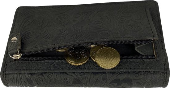 Zwarte leren damesportemonnee met bloemenprint en RFID-bescherming - Arrigo.nl