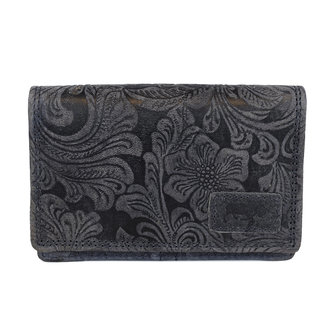 Dames portemonnee van donkerblauw rundleer met bloemenprint - Arrigo