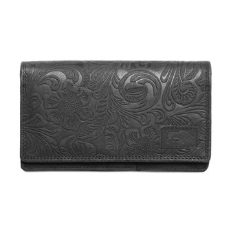Zwarte dames portemonnee van rundleer met bloemenprint - Arrigo