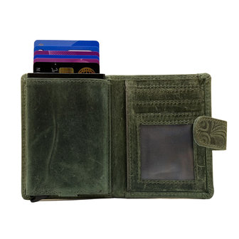 Leren mini wallet groen met bloemenprint en cardprotector - Arrigo.nl
