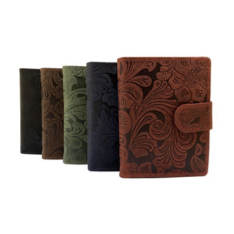 Leren mini wallet bruin met bloemenprint en cardprotector - Arrigo.nl
