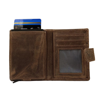 Leren mini wallet bruin met bloemenprint en cardprotector - Arrigo.nl