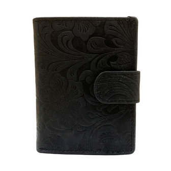 Leren mini wallet zwart met bloemenprint en cardprotector - Arrigo.nl