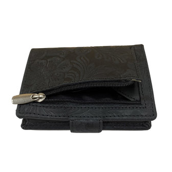 Leren mini wallet zwart met bloemenprint en cardprotector - Arrigo.nl