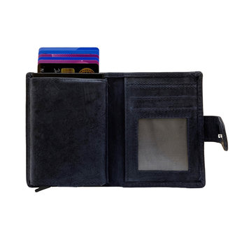 Leren mini wallet donkerblauw met bloemenprint en cardprotector - Arrigo.nl