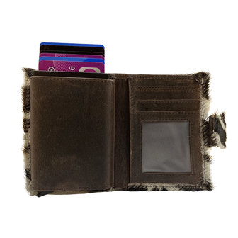 Leren mini portemonnee donkerbruin met dierenprint en cardprotector - Arrigo.nl