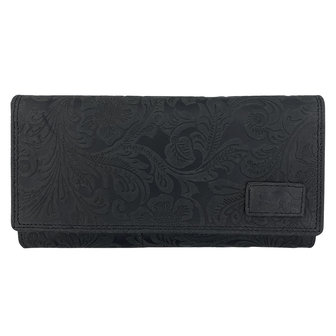 Dames portemonnee zwart leer met bloemenprint