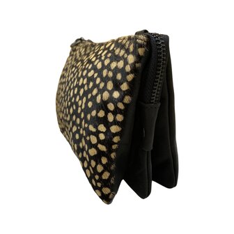 Leren portemonnee tasje zwart leer met cheetah print - Arrigo.nl