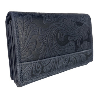 Donkerblauw kleurige RFID dames portemonnee met bloemenprint - Arrigo